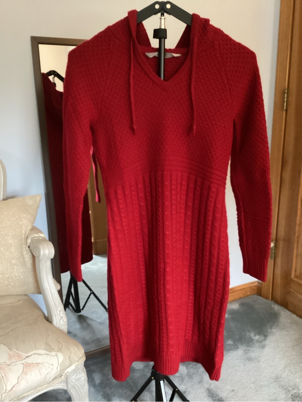 Athleta Red Cable-Knit Hooded Sweater Dress